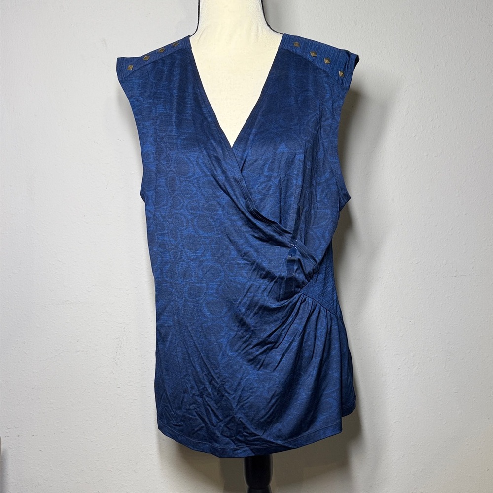 Susan Lawrence Navy Wrap Blouse with Studded Shoulders
